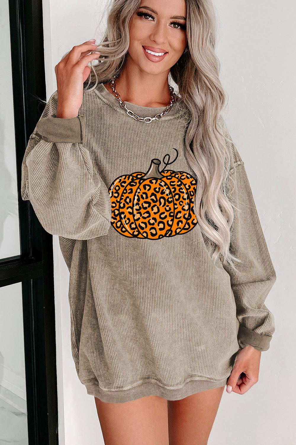 Pumpkin Orange Leopard Graphic Corduroy Sweatshirt