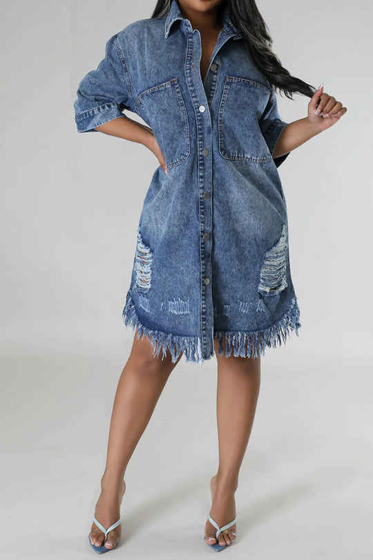 Raw Distressed Denim Dress - Klazzi Fashion Boutique