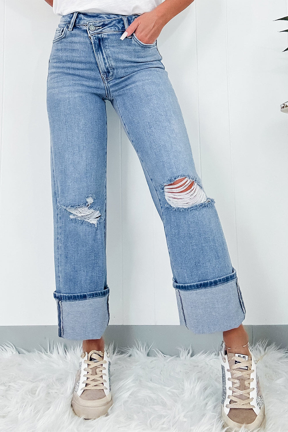  High Rise Asymmetric Ripped Denim