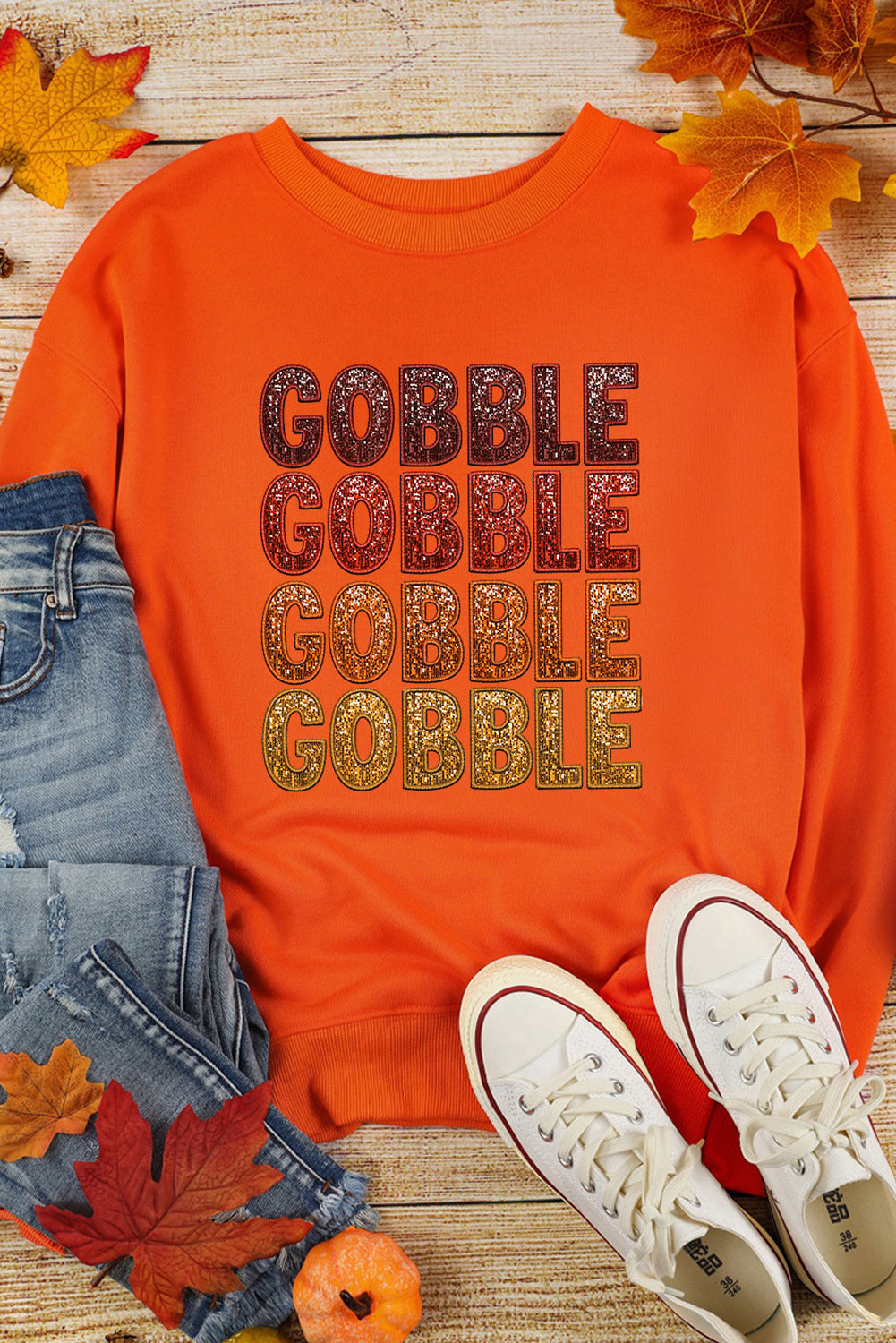 Orange "GOBBLE GOBBLE" Sequins Thanksgiving Sweatshirt