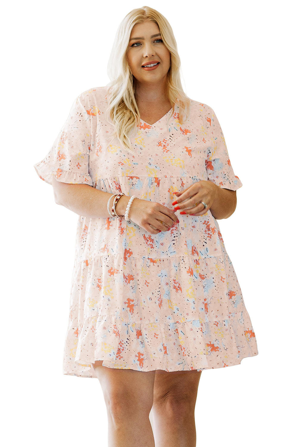  Plus Size Cream and Pink Babydoll Swing Dress