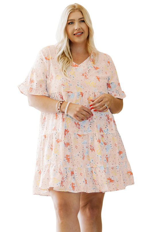  Plus Size Cream and Pink Babydoll Swing Dress