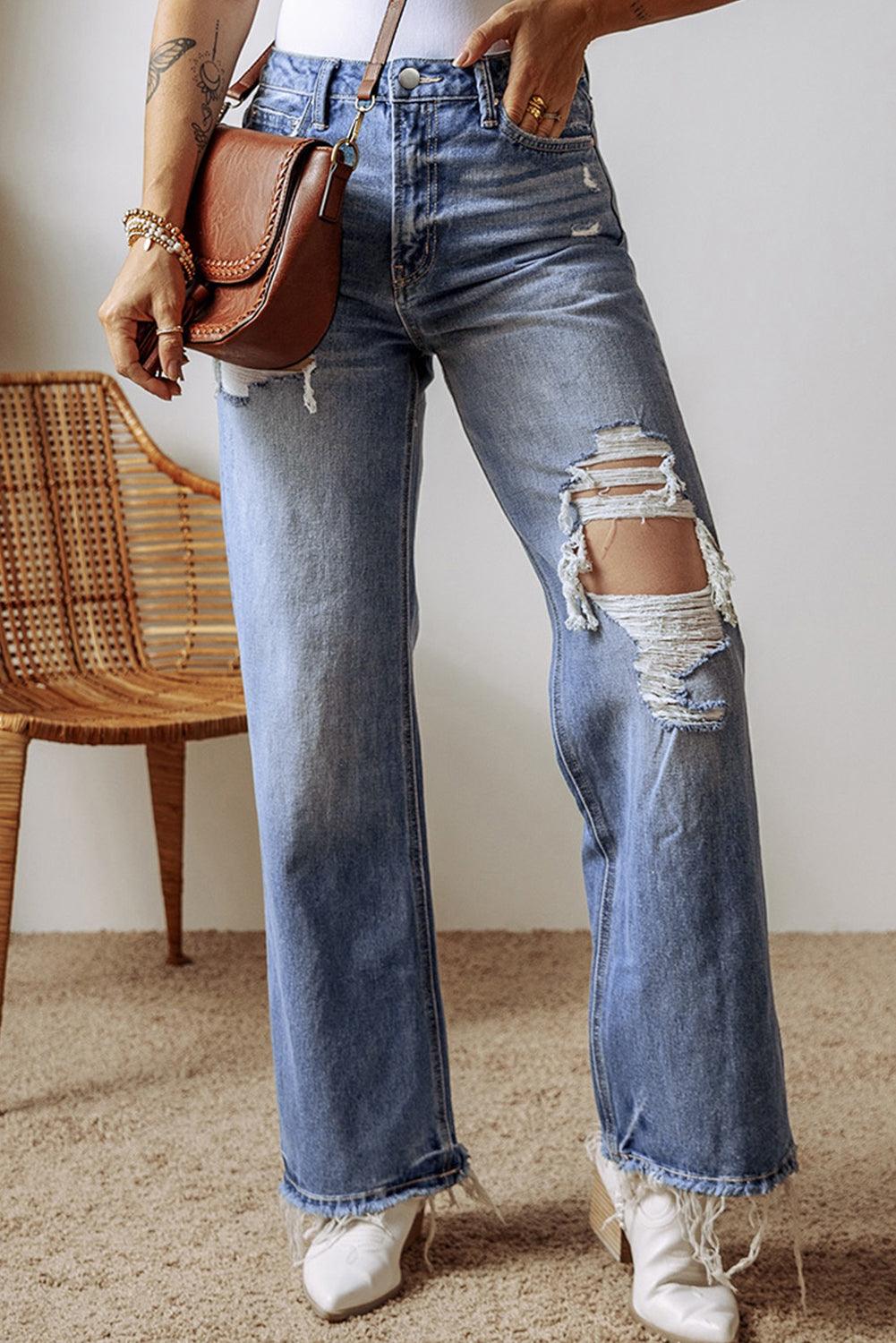 Distressed Destroyed Straight Leg High Waist Denim