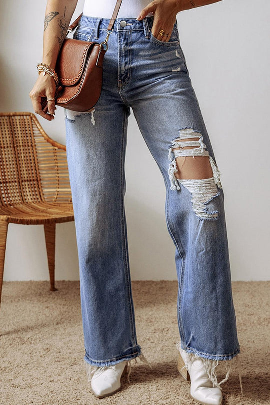 Distressed Destroyed Straight Leg High Waist Denim