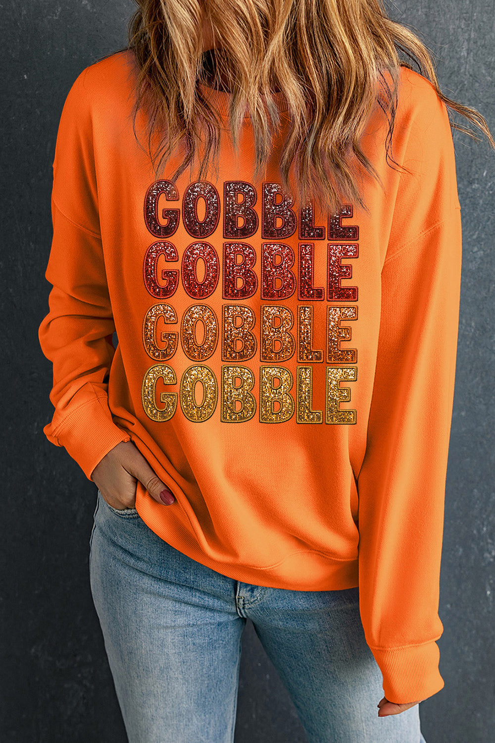 Orange "GOBBLE GOBBLE" Sequins Thanksgiving Sweatshirt