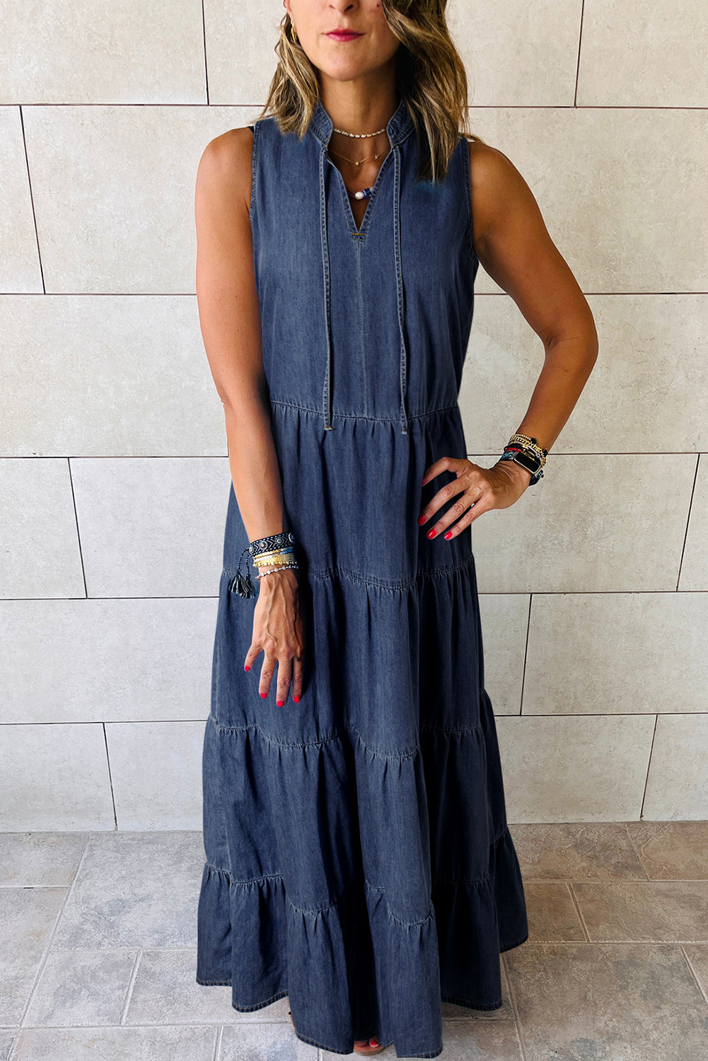 Long Chambray Tiered Maxi Denim Dress 