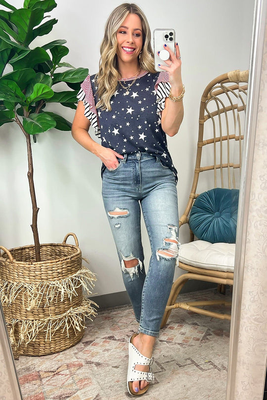 Gray Striped Ruffled Sleeve Star T Shirt