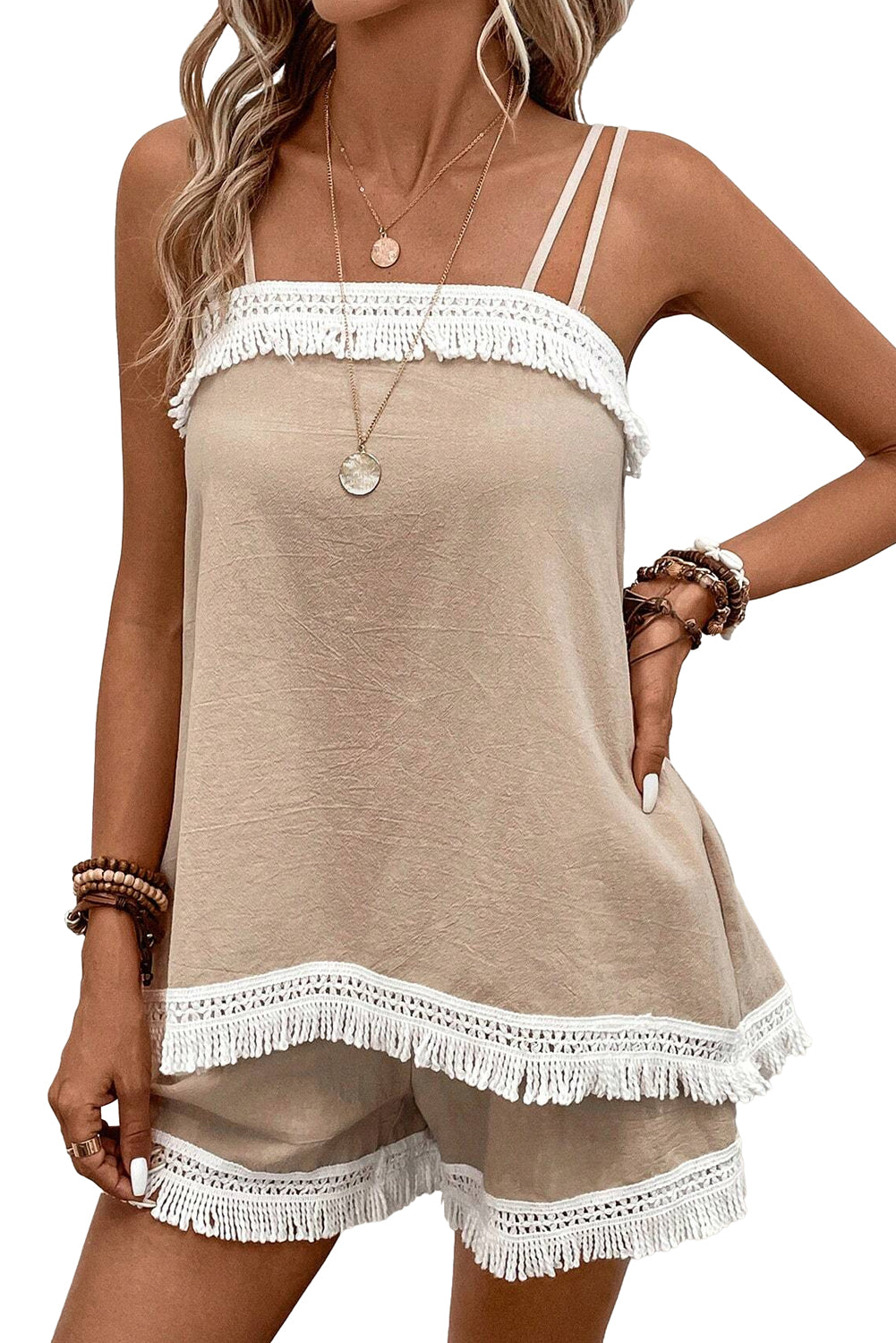 Crochet Khaki Fringe Shorts Set