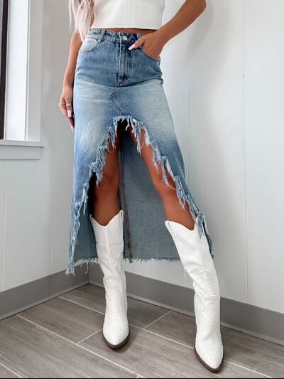 Frayed High-Waist Asymmetry Denim Skirt