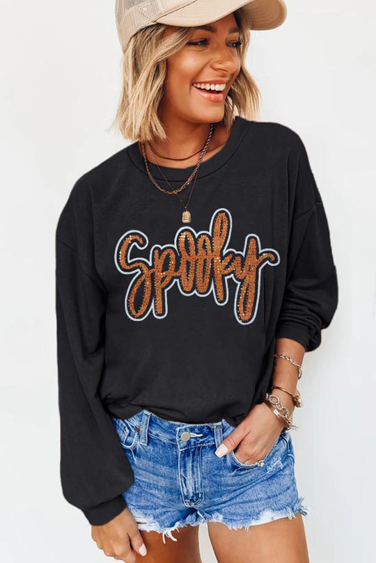 Orange "Spooky" Rhinestone Graphic Sweatshirt