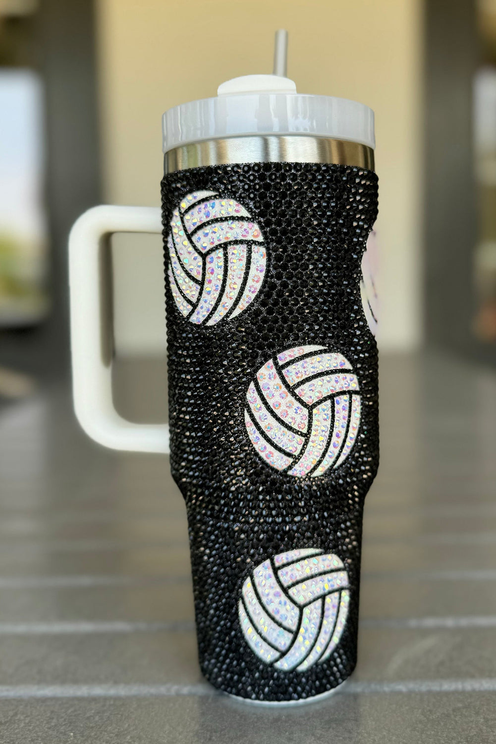 Black 40 Oz Rhinestone Volleyball Tumbler with Handle