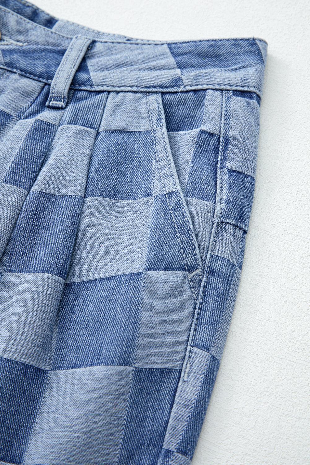  Checkered Denim Wide Leg Denim