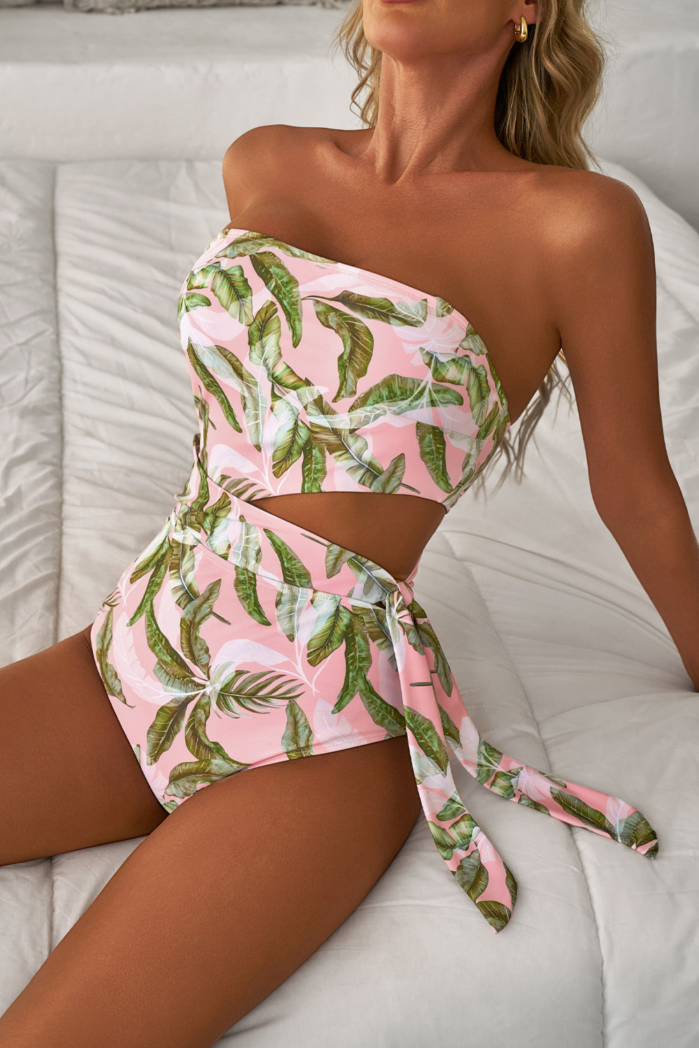 Pink Tropical Asymmetric Halter One Piece Swimsuit