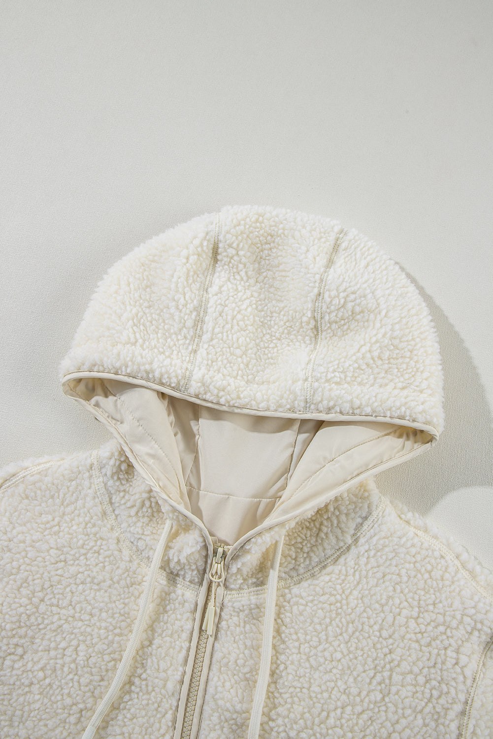 Pale Khaki Fleece Zip Up Drawstring Hooded Pocketed Jacket