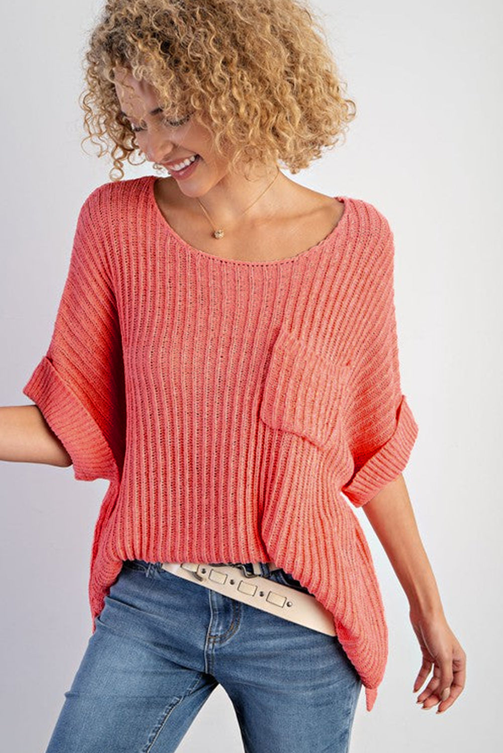  Rolled Cuffs Loose Knit Top 