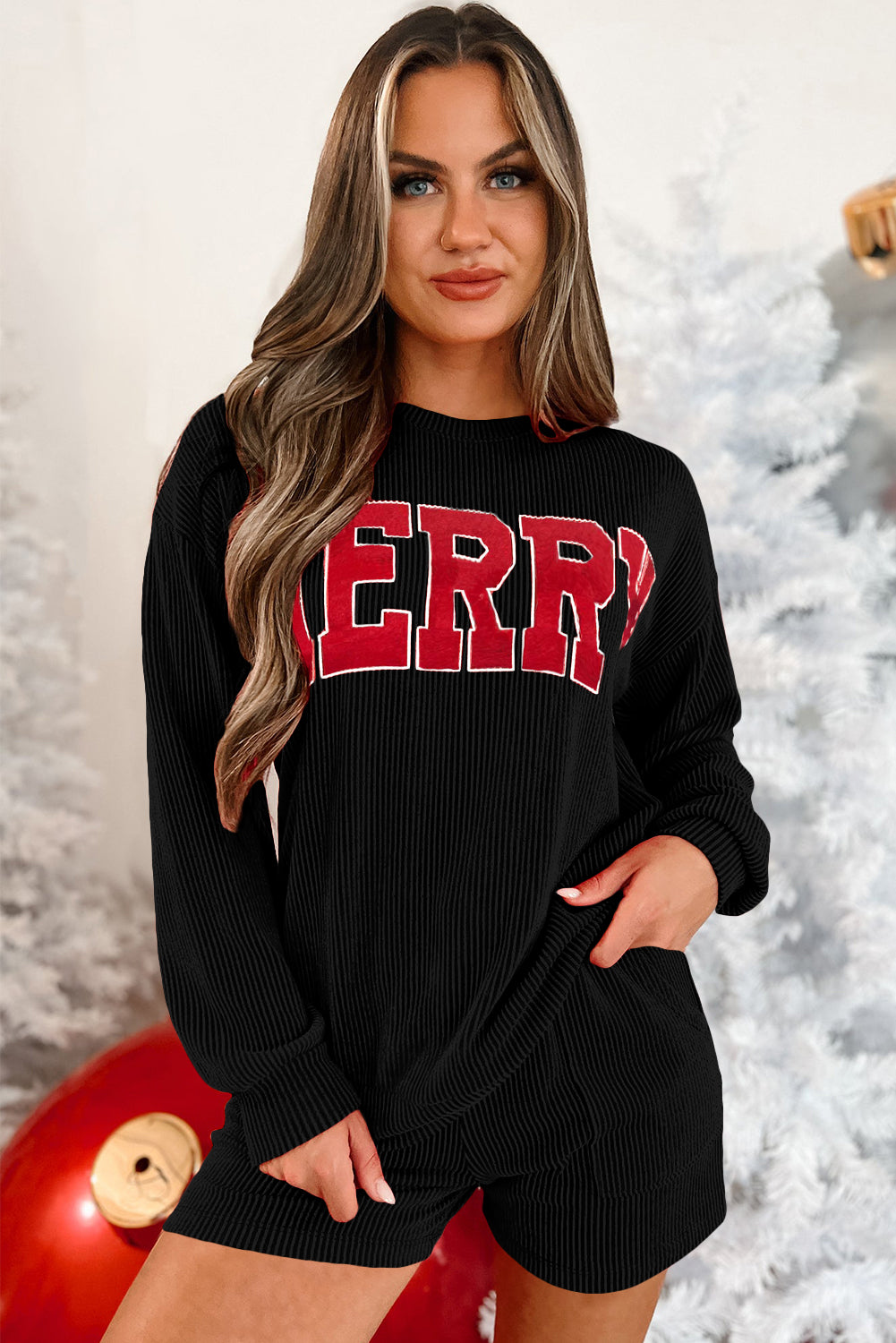 Christmas Corduroy "MERRY" Black Long Sleeve Shorts Set