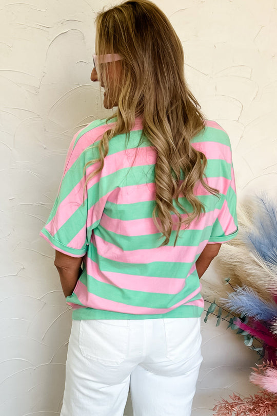 Pink and Mint Stripe Cuffed Sleeve Loose Tee