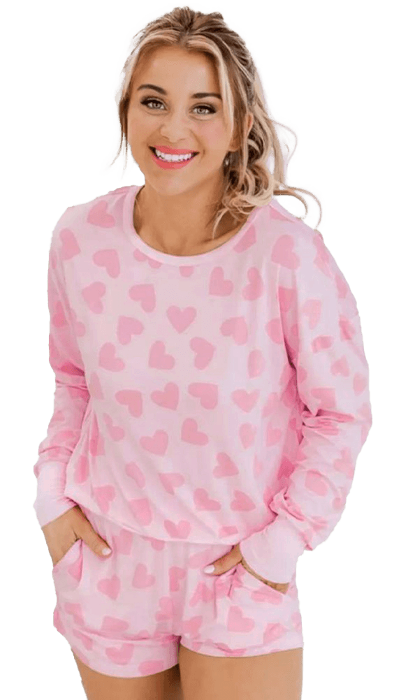 Pink Valentine Heart Shape Print Long Sleeve Top Shorts Lounge Set