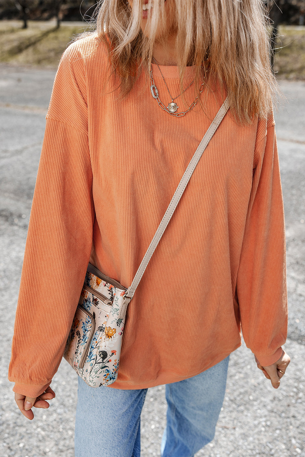 Orange Ribbed Corduroy Oversized Sweatshirt