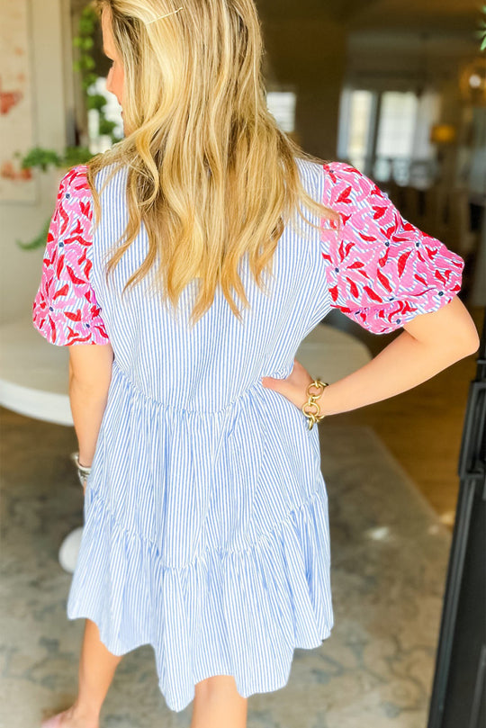  Stripe Blue Multicolor Pink Floral Tier Dress