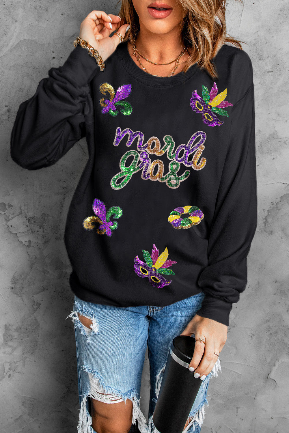 Black Sequin Mardi Gras Graphic Sweatshirt