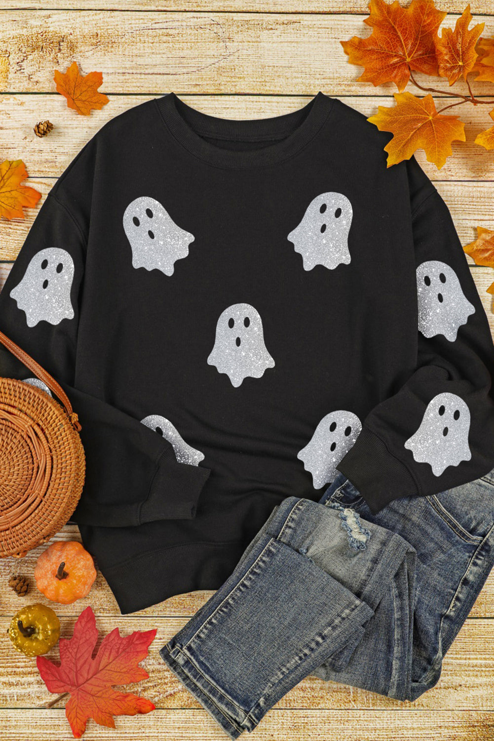 Glitter Ghost Pattern Halloween Sweatshirt