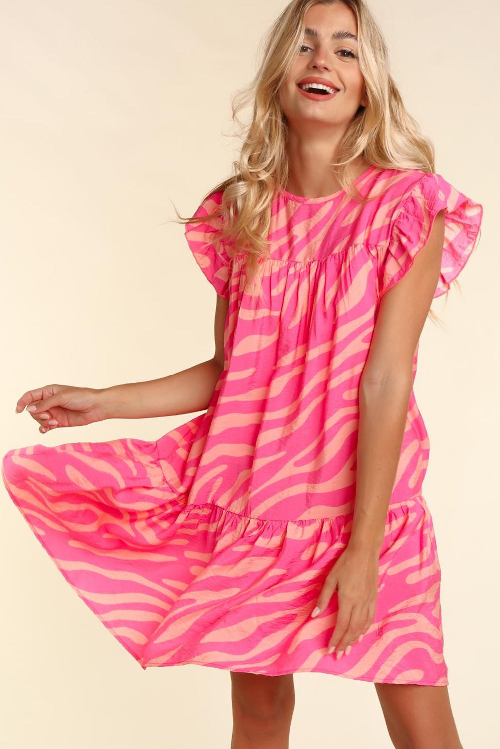 Ruffle Pink Zebra Stripe Pocketed Dress