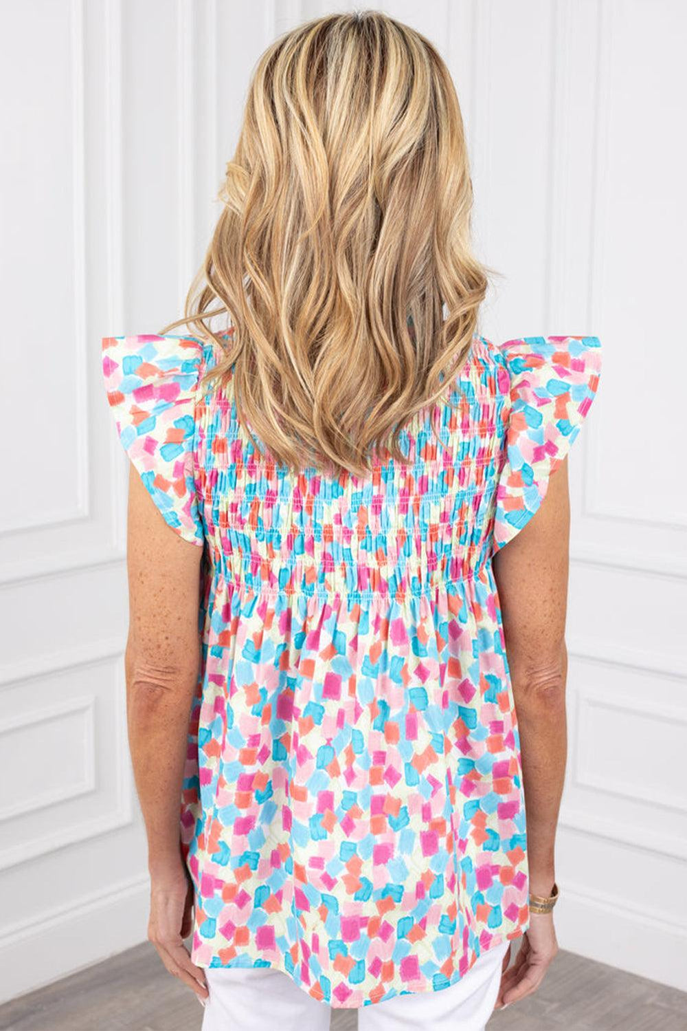  Ruffled Pink and Blue Abstract Blouse