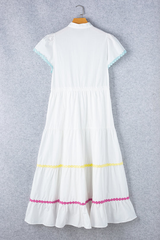 White Rickrack Multicolor Trim Drawstring Long Dress