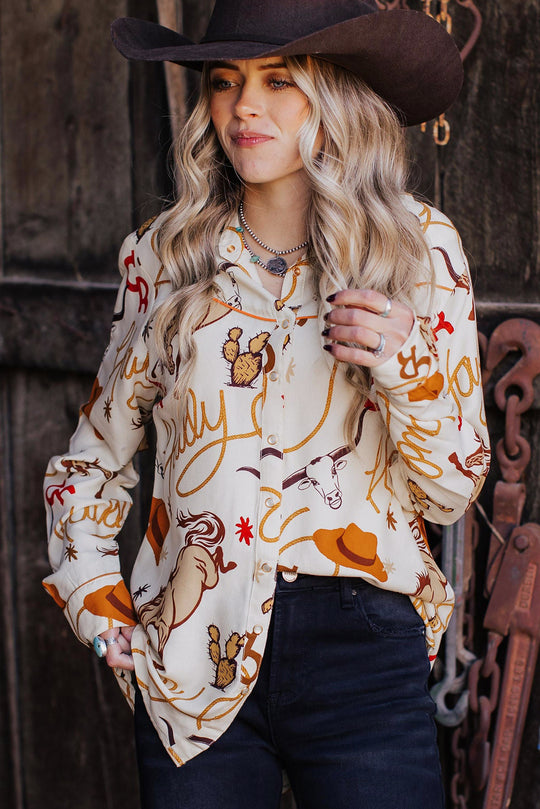 Western Beige "Howdy" Western Loose Shirt