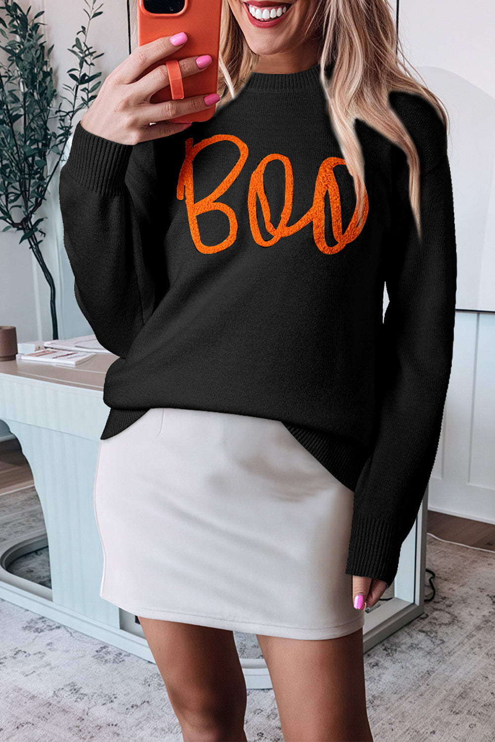 Cream Knitted "Boo" Pattern Sweater