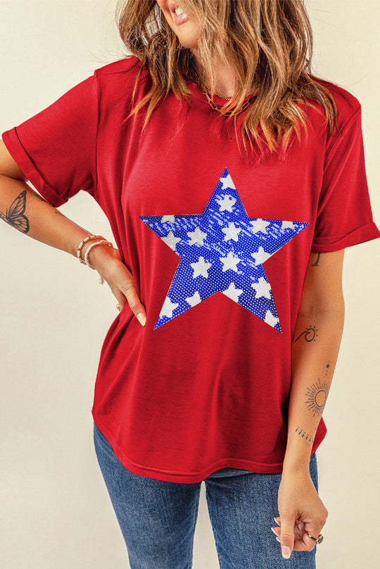 Blue Bougie Sequin Star Graphic T Shirt