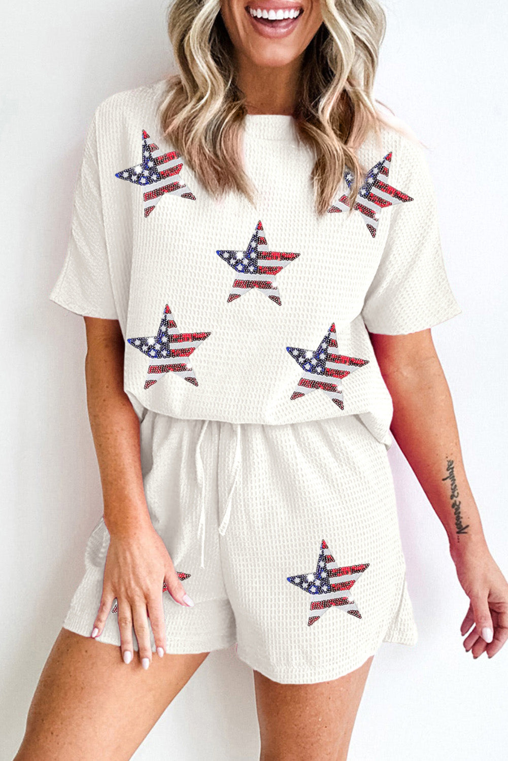  Waffle White Sequin American Flag Stars Shorts Set