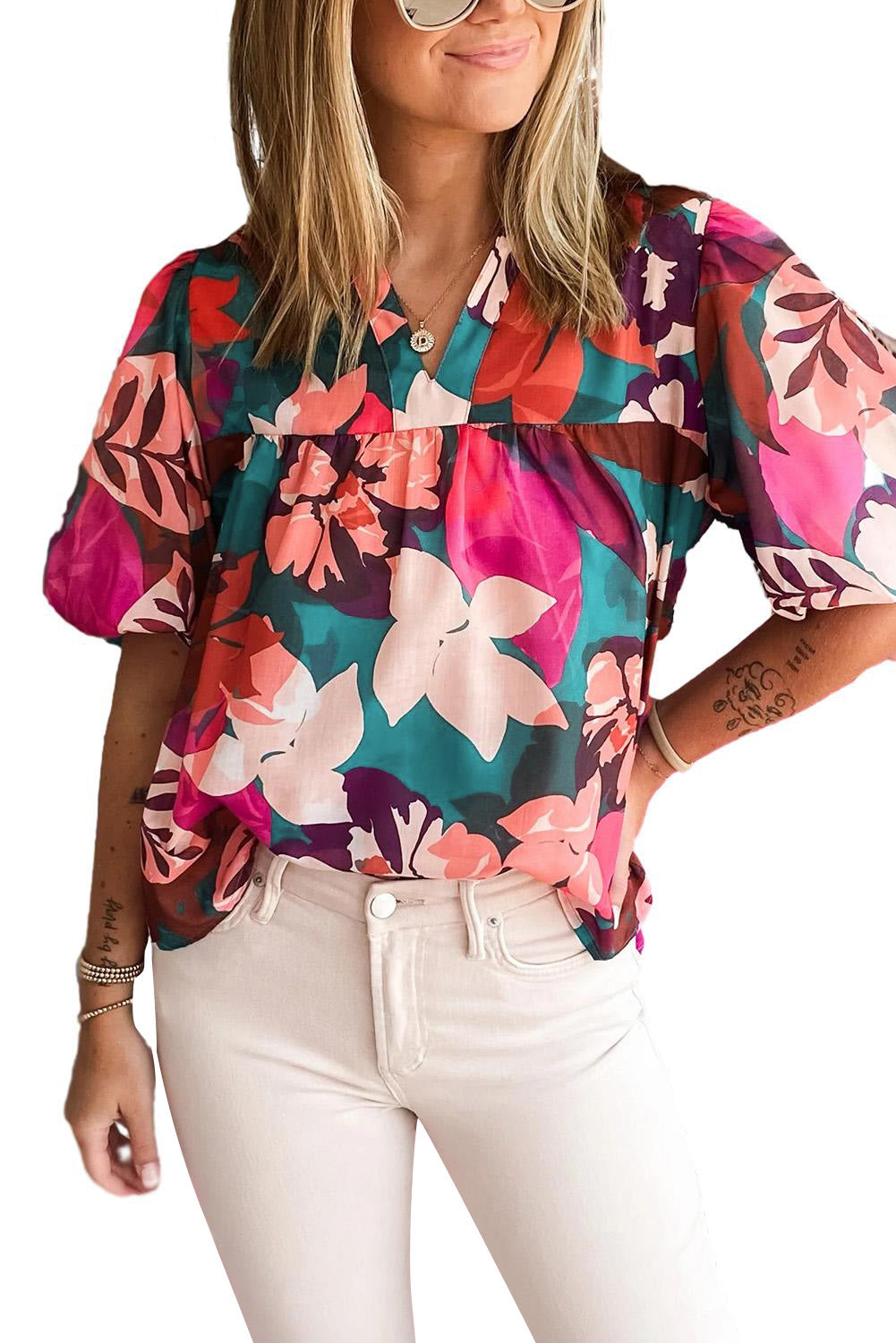 Floral Rose Red Notched Blouse - Klazzi Fashion Boutique