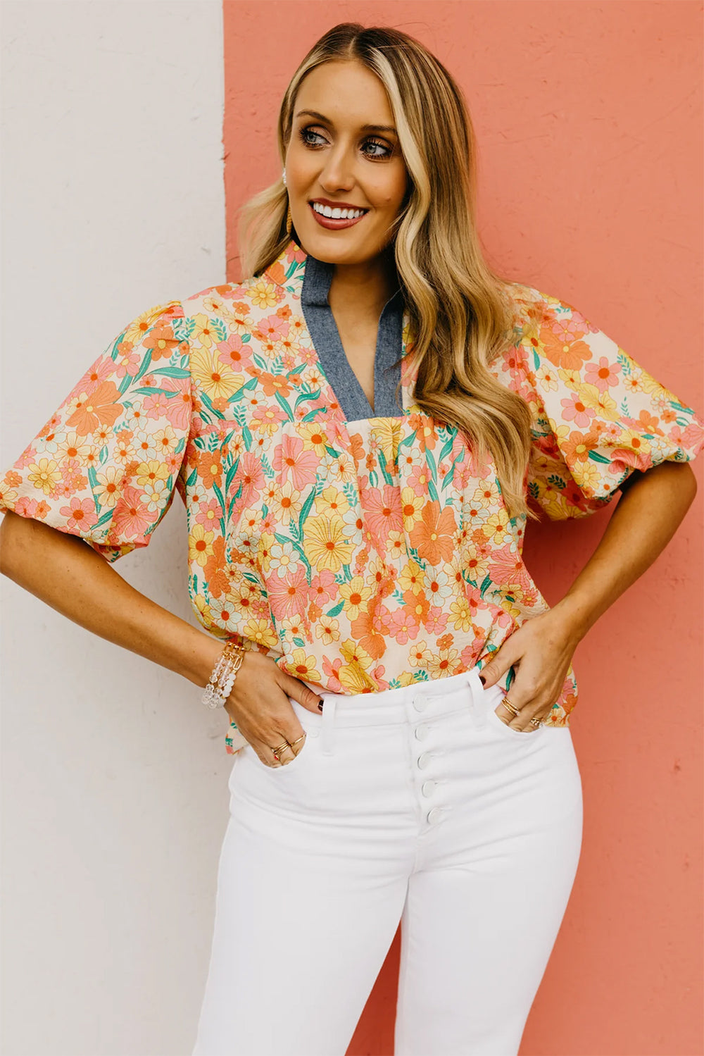 Yellow Multicolor Floral Bubble Sleeve Blouse