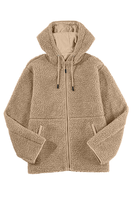 Pale Khaki Fleece Zip Up Drawstring Hooded Pocketed Jacket