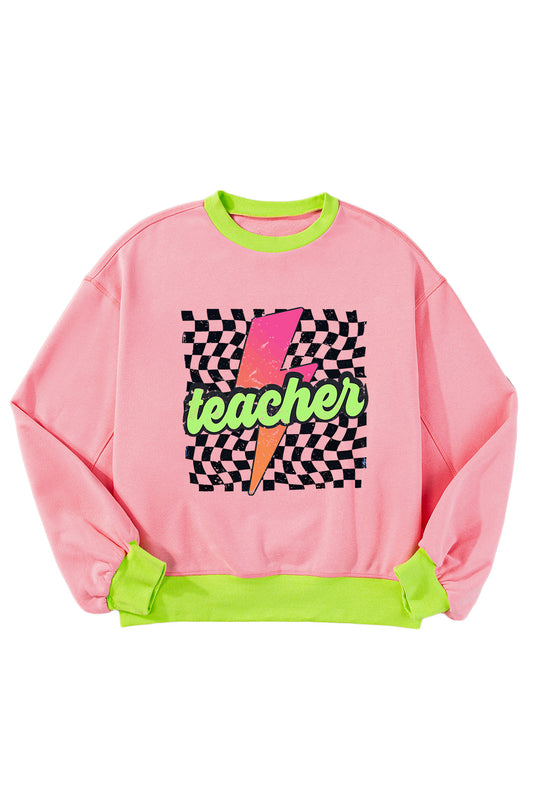 Retro Pink "Teacher" Lightning Checkered Sweatshirt