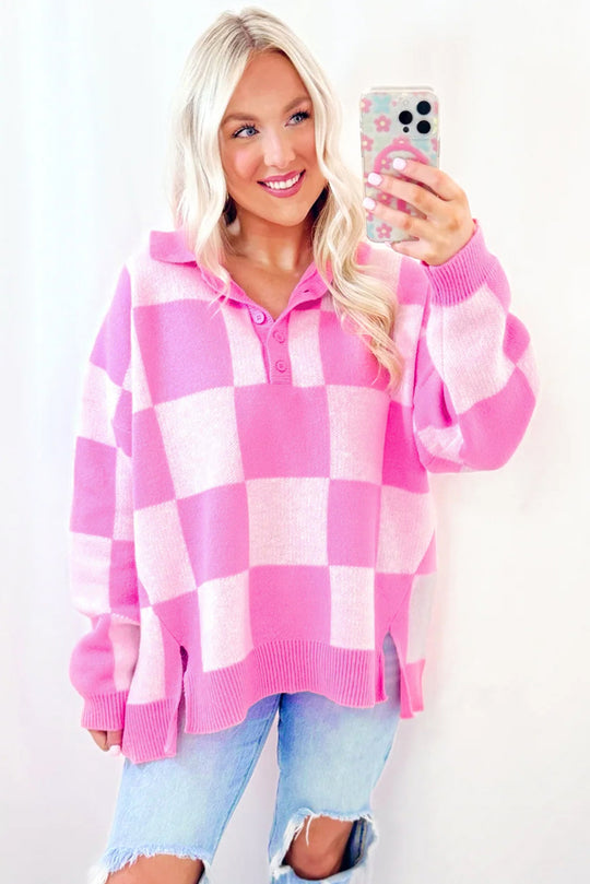 Sadie Checkerboard Half Button Collared Sweater