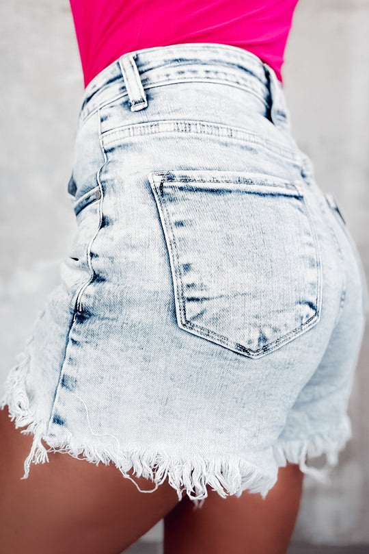 Denim Bleach Wash Crossed Fringe Denim Shorts