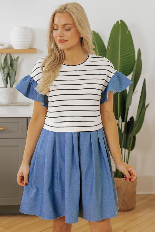 Denim Stripe Ruffle Mini Dress