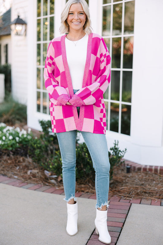 Pink Checkered Open Cardigan