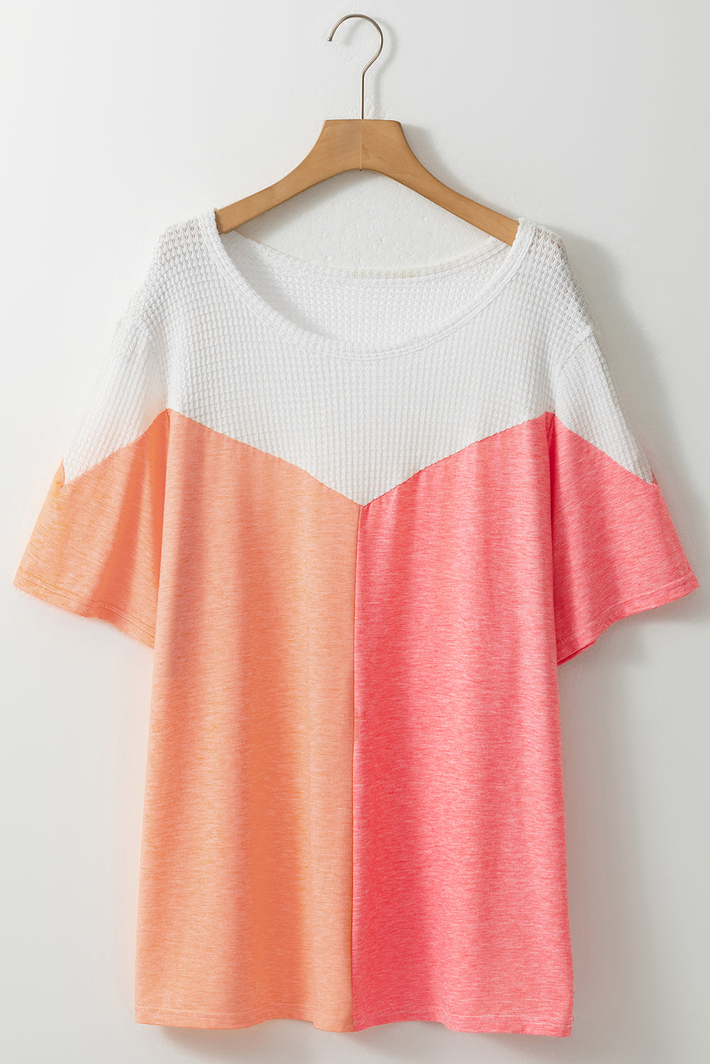  Plus Size Waffle Melon Colorblock Knit Shirt