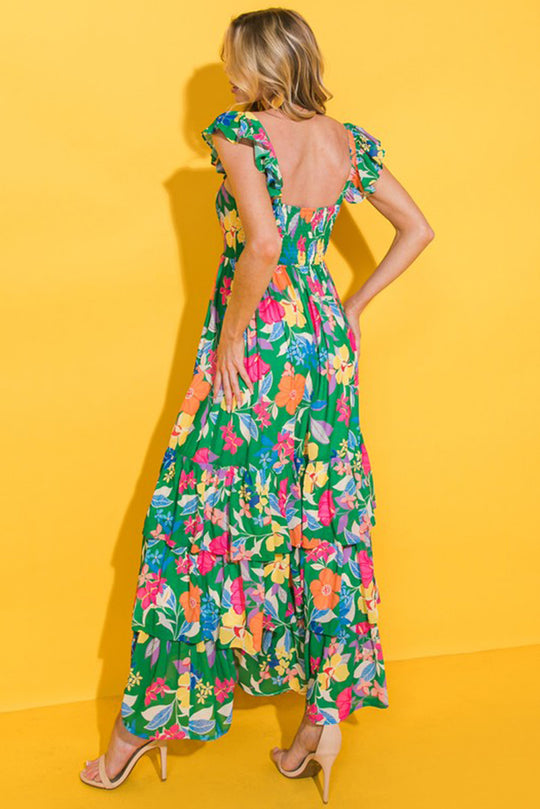 Ruffled Green Floral Tiered Maxi Dress