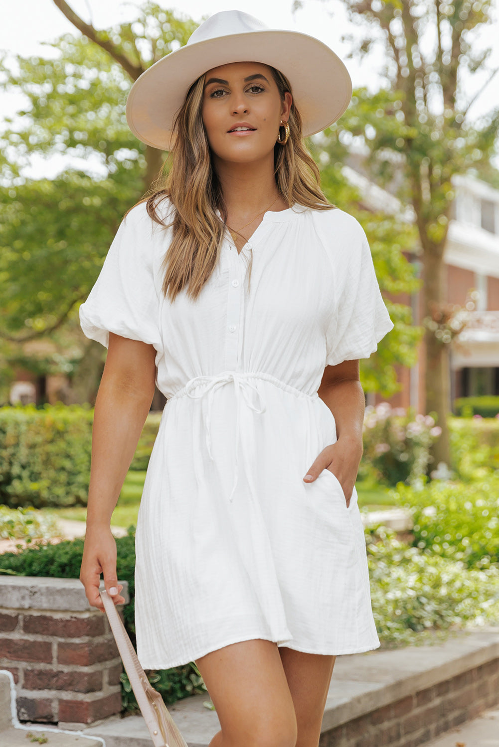 White Drawstring Shirt Dress 