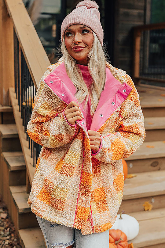  Checkered Orange Sherpa Hooded Jacket