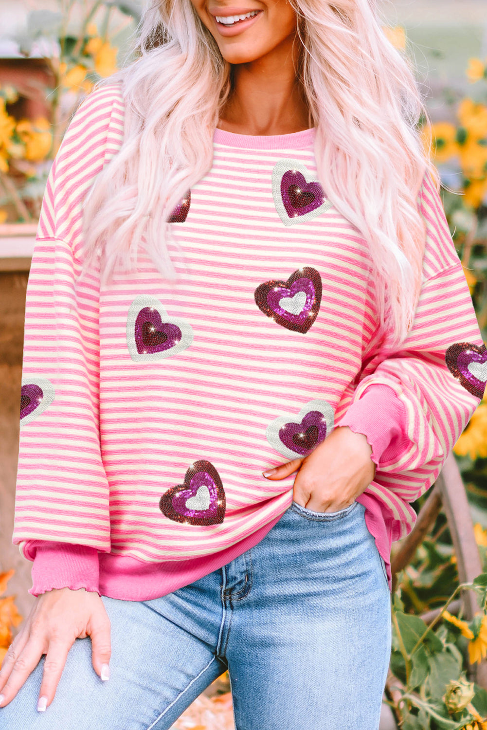 Sequin Pink Stripe Hearts Patches Valentines Sweater