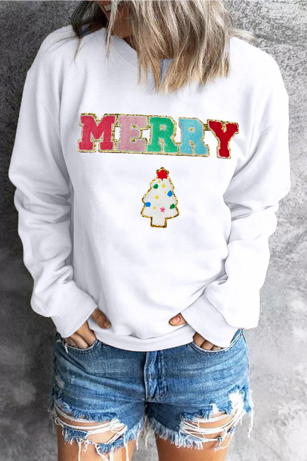  Christmas "Merry" Tree Chenille Graphic Sweatshirt