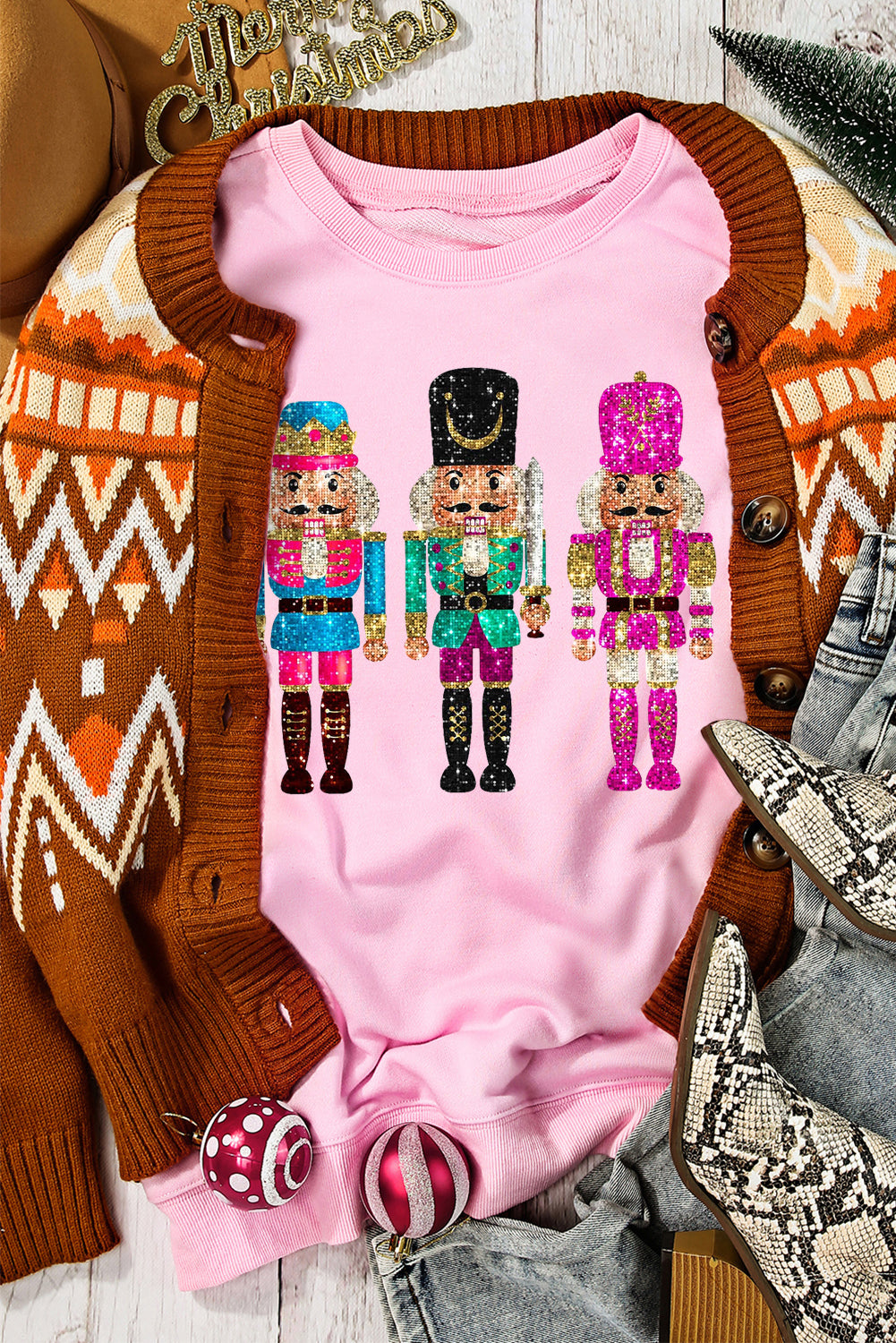 Pink Cute Multicolor Sequins Nutcracker Christmas Sweatshirt