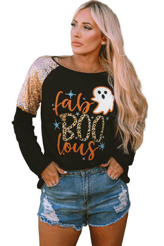 Sequin Fab- Boo- lous Leopard Ghost Long Sleeve Top