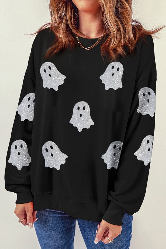 Glitter Ghost Pattern Halloween Sweatshirt